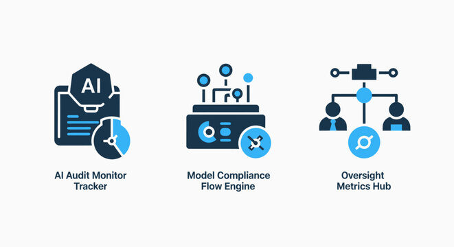 Ai audit and compliance icons for artificial intelligence monitoring and engine oversight featuring data analysis flowcharts and regulatory tracking symbols for enterprise technology