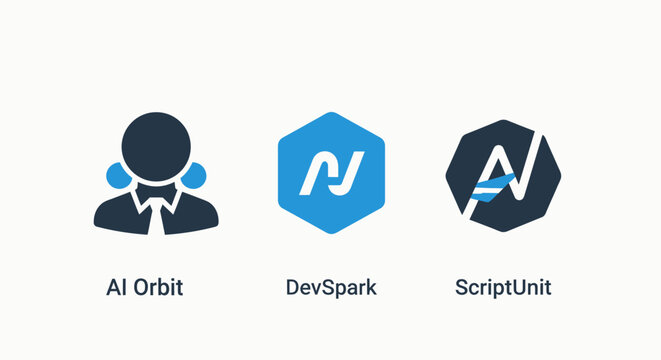 Software development and AI identity icons featuring user profiles script coding units and hex logo symbols for tech platforms and application programming interface design
