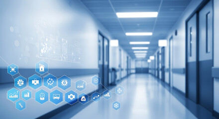 Fototapeta premium Modern hospital corridor with digital medical technology icons, symbolizing advancements in healthcare, data integration, and smart hospital management systems