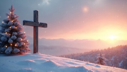 Fototapeta premium Wooden cross and decorated evergreen tree stand in snow. Soft sunlight illuminates winter landscape. Serene holiday atmosphere with copy space.