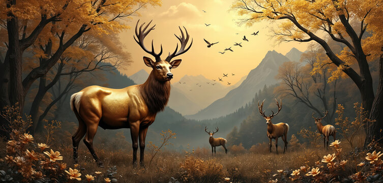 Golden stag stands in forest meadow near mountains. Other deer graze nearby. Birds fly in sky. Autumn foliage colors the trees and ground. Peaceful wildlife scene.