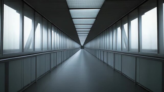 Modern glass skywalk tunnel with soaring ceiling and vanishing point perspective, minimalist geometric lines leading toward bright light, evoking journey, progress and futuristic design