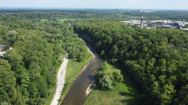 Aerial shot of the credit river and Culham Trail as it passes through Erindale Park in Mississauga, Ontario, Canada.