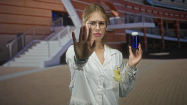 Woman in white coat holds pill bottle with palm raised in stop gesture outside building, wearing glasses; medical caution concern.