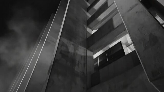Low Angle Black and White View of a Brutalist Architecture Exterior Facade at Night with Minimal Lighting