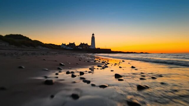 Coastal lighthouse silhouette at sunrise, waves gently lap against the rocky beach, golden sky reflecting in wet sand