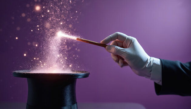 Magicians gloved hand holds wand making sparkles fly from black top hat. Illusionist performs magic trick against purple background with glowing dust. Entertainment concept.