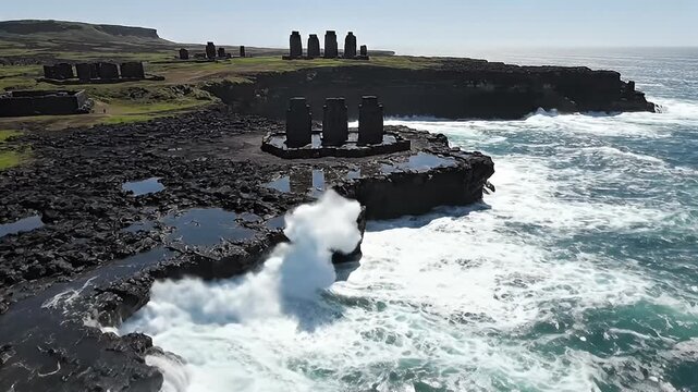 Majestic Moai Statues on Easter Island Coastline with Crashing Ocean Waves and Lush Green Landscape