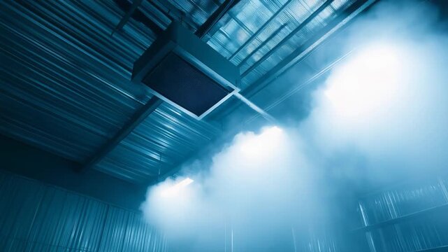 Industrial facility interior with corrugated metal ceiling and walls, ventilation unit and fluorescent lights piercing thick blue tinted mist for a moody, futuristic production atmosphere