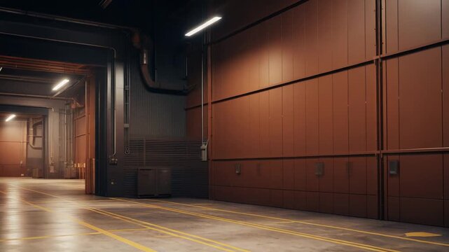 Empty industrial warehouse interior featuring a concrete floor with yellow markings and metallic panel walls, creating an expansive space ideal for storage, distribution, and commercial logistics