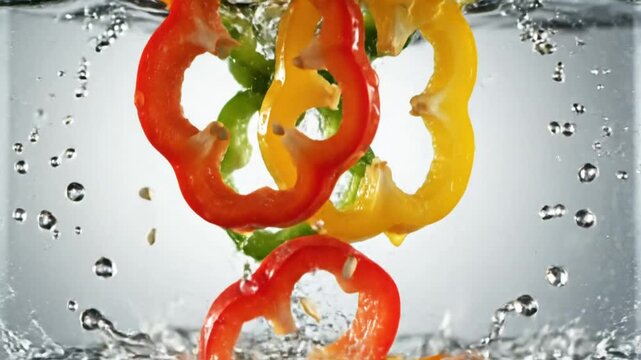 Colorful Bell Pepper Slices Plunging and Splashing into Clear Water Against a Light Gray Backdrop