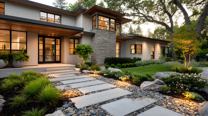 Fototapeta premium Contemporary luxury home exterior view with stone features and landscape lighting in a suburban setting during the evening
