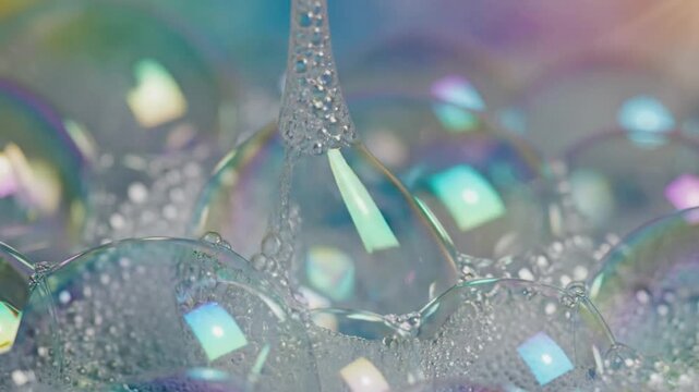 Close-up of soapy water with transparent bubbles, iridescent reflections, and flowing liquid forming a textured, abstract background