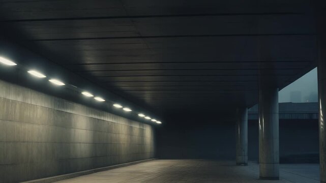 Urban concrete underpass with strong architectural pillars and walls lit by bright lights, creating a minimalist and atmospheric void in the dense darkness and fog