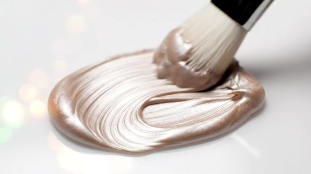 Application of shimmering liquid makeup with a brush on a white surface, creating texture and visual interest