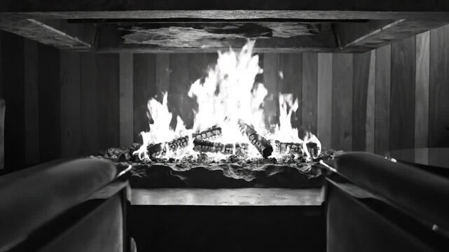 Cozy living room interior fireplace with flames burning brightly between two comfortable armchairs in black and white