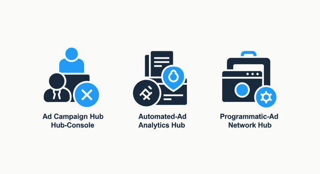 Marketing and advertising icons: campaign management, ad analytics, and programmatic ad network hub for digital marketing