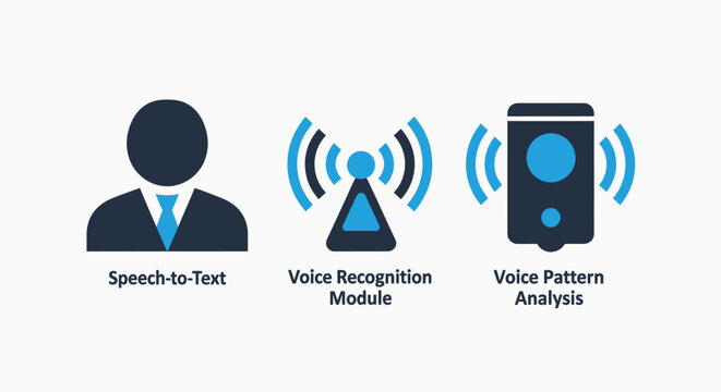 Voice technology icons: speed-to-text, voice recognition, and pattern analysis, dark blue