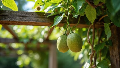 Naklejka premium Two unripe passion fruits hang from vine branches on a rustic wooden pergola structure. Green leaves and dappled sunlight create a natural garden scene.