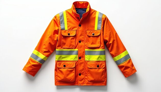 Bright orange safety jacket with reflective stripes for visibility. Garment has multiple pockets and front button closure. Made for work and protection.