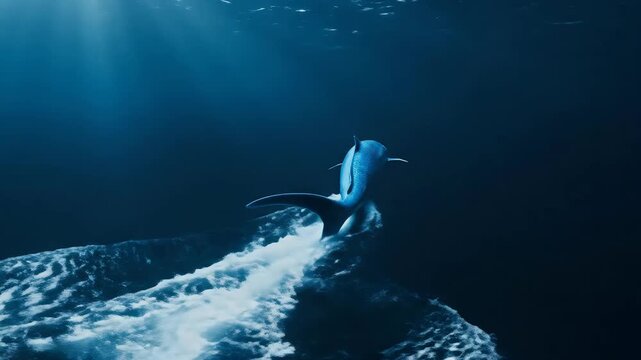 Majestic prehistoric fish with scales swims in deep blue ocean water illuminated by sun rays