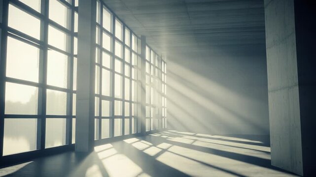Empty concrete room bathed in bright grid window sunlight, geometric shadows across floor and walls, dust motes glowingminimal, hopeful, modern space suggesting new beginnings