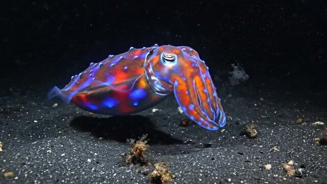 Mesmerizing close up of a flamboyant cuttlefish displaying vibrant colors in the dark ocean depths