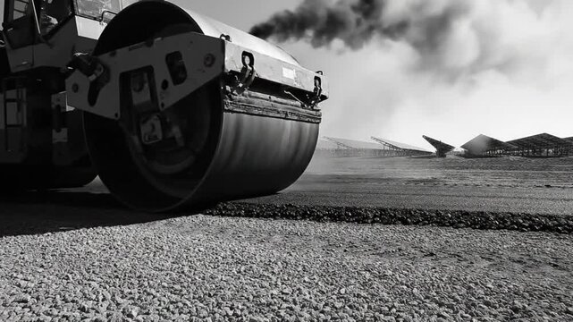 Black and white asphalt roller compacting freshly laid road surface with dark exhaust smoke billowing