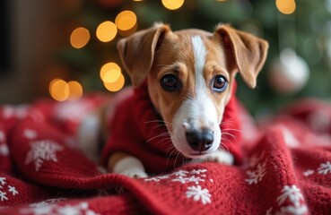 Fototapeta premium Small jack russell terrier dog in red christmas sweater, sitting on snowflake blanket near decorated tree. Cozy pet celebrates winter holidays, feels happy, looks at camera.