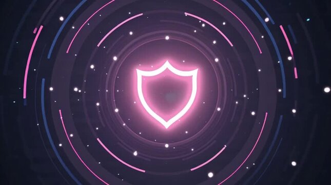 flat vector animation of cybersecurity protection, shield icon protecting data, hacker attempts blocked, glowing elements, smooth loop, minimal corporate style