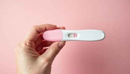 Obraz premium Person holds positive pregnancy test with two pink lines. Medical kit confirms conception. New life awaits, symbolizing hope, future family, and joyful expectation.