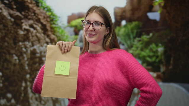 Woman holds paper bag with smiley note and pumps fist while smiling near trees in green park; joy triumph.