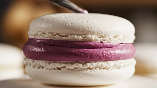 Delicious white macaron sandwich with vibrant purple buttercream filling, close-up shot of the pastry