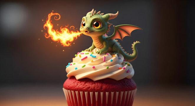 Cute dragon breathing fire on colorful cupcake with frosting  