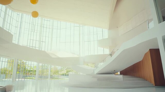Modern architecture interior featuring a grand, curving staircase, spacious atrium, inviting seating area, and large glass walls allowing natural light to fill the minimalist space