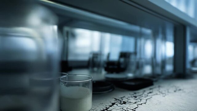 Scientific glass beaker containing a specialized liquid sits on a laboratory workbench, creating an atmosphere of ongoing research and chemical analysis in a clinical setting