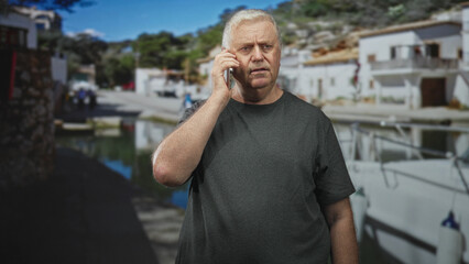 Fototapeta premium Man holding smartphone to ear with hand at face, standing by boats on a street beside white buildings; concern conversation.