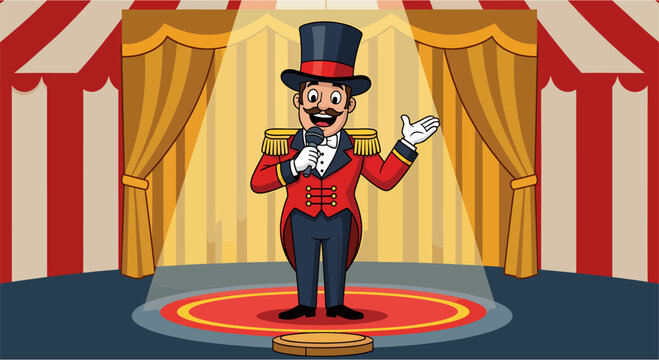 Circus ringmaster with red coat and top hat announcing show, cartoon vector style