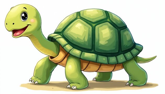 Cute cartoon turtle with light green shell walks happily. Reptile has a smiling expression and round eyes, moving forward with steady pace on sand. Adorable animal character illustration.