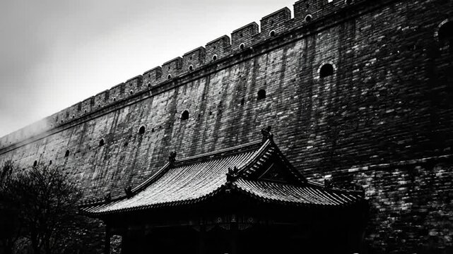 Epic Black and White Shot of Ancient Chinese Architecture with a Massive Stone Wall and Fog