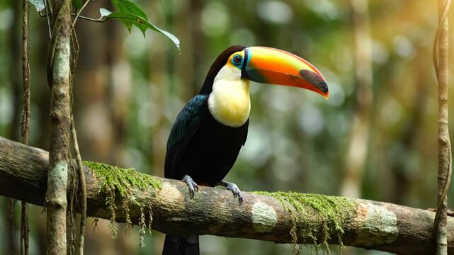 Colorful toco toucan perched on a tree branch in a lush tropical forest with distinctive vocalization