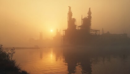 Naklejka premium Industrial complex silhouette at dawn over misty water. Sun rises through fog casting warm golden light. Reflecting in calm lake, abandoned site appears skeletal and mysterious.
