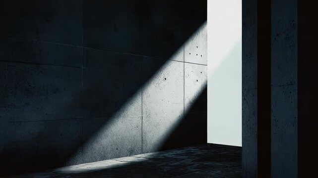 Harsh concrete textures define an empty room, catching strong geometric rays of light creating sharp shadows and highlighting the stark, minimalist architectural design