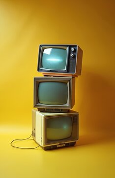 Three old tv sets stacked on a bright yellow background. These retro electronics have static on their screens. Vintage technology, media, and pop culture.