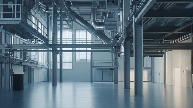 Vast industrial interior featuring a clean concrete floor, sturdy steel support beams, overhead pipes, and a multi level structure, creating an open and modern factory environment