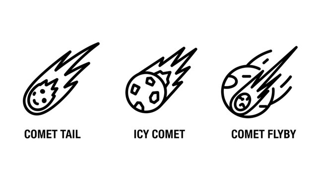 Icons depicting comets in space: a comet tail, an icy comet, and a comet flyby. simple outline graphics for science and astronomy