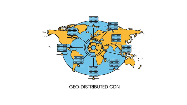 Illustration of a distributed content delivery network (cdn) with servers around a world map, connected by lines