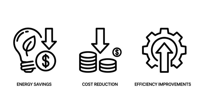 Icons showing energy savings with a lightbulb and dollar sign, cost reduction with stacked coins, and efficiency improvement with gear and arrow