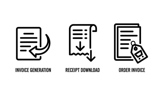 Invoice generation, receipt download, and order invoice icons vector set