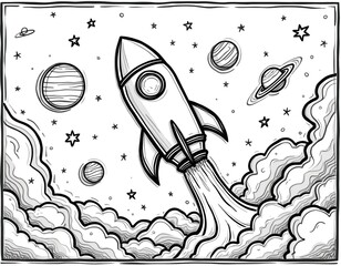 Fototapeta premium Rocket blasting off into starry sky past planets and clouds. Simple line art illustration for kids. Space exploration theme, adventure, and discovery concept.